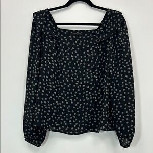 Banana Republic Black Floral Women's Top Blouse Small Black Square Neck Detail